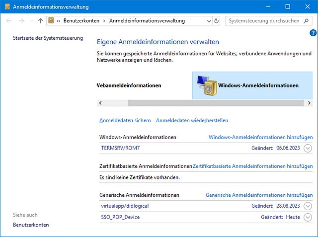 Windows  Anmeldeinformationsverwaltung