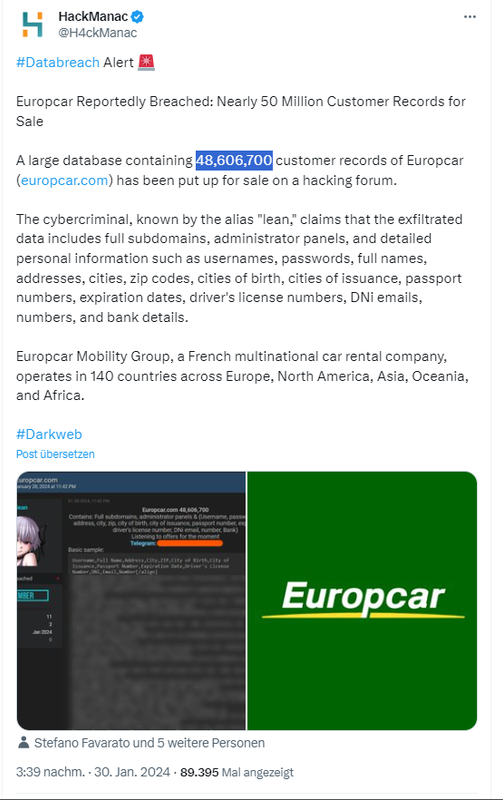 Europcar hacked, data offered in darknet