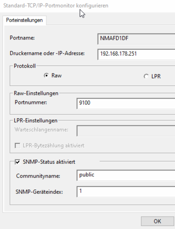 Druckerport mit IP-Adresse