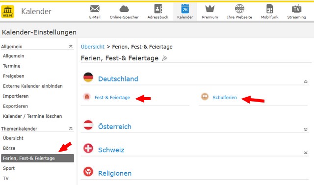 Web.de Kalender-Optionen