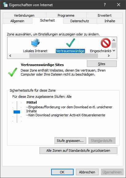 Interneteigenschaften: Zonen