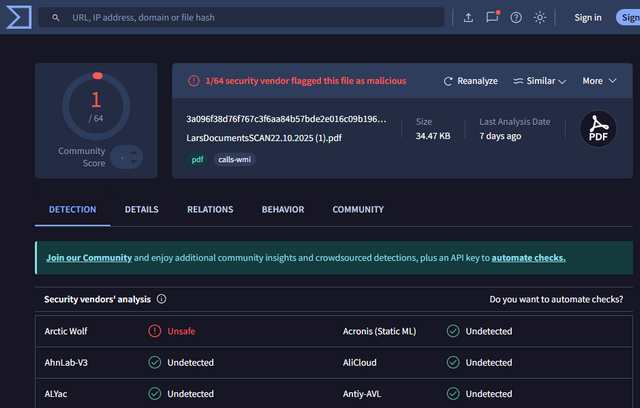 VirusTotal zum PDF-Dokument