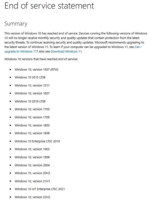 Windows 10 End of Service Versions