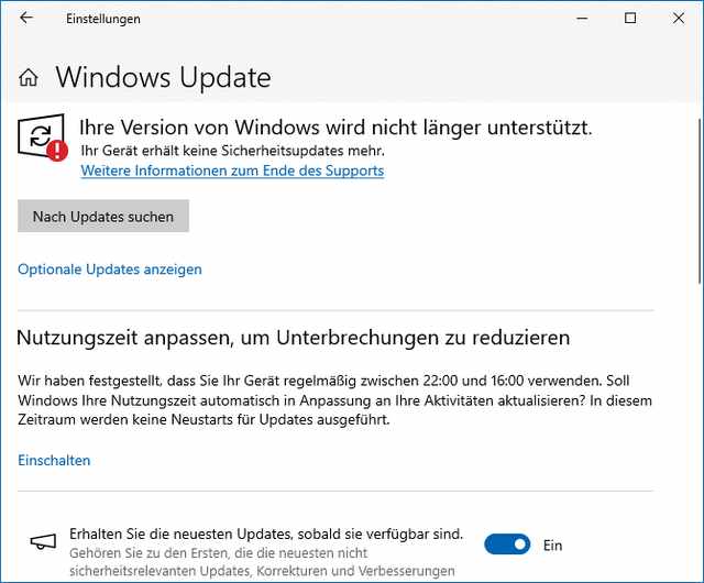 Meldung zum Windows 10 Supportende