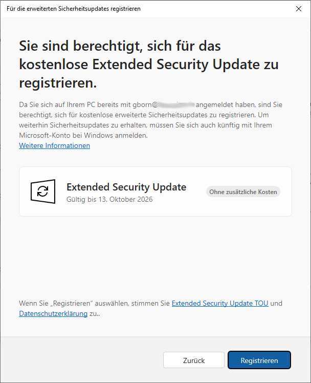 Windows 10 ESU-Registrierung Schritt 2