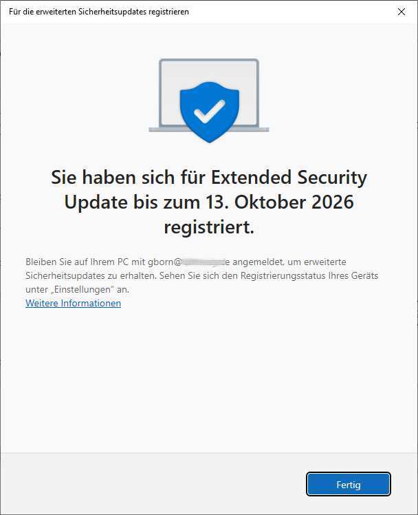 Windows 10: Bestätigung der ESU-Registrierung