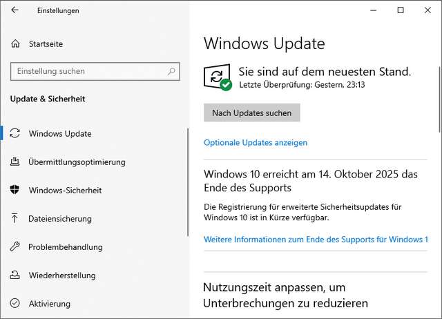Windows 10 Supportende-Anzeige