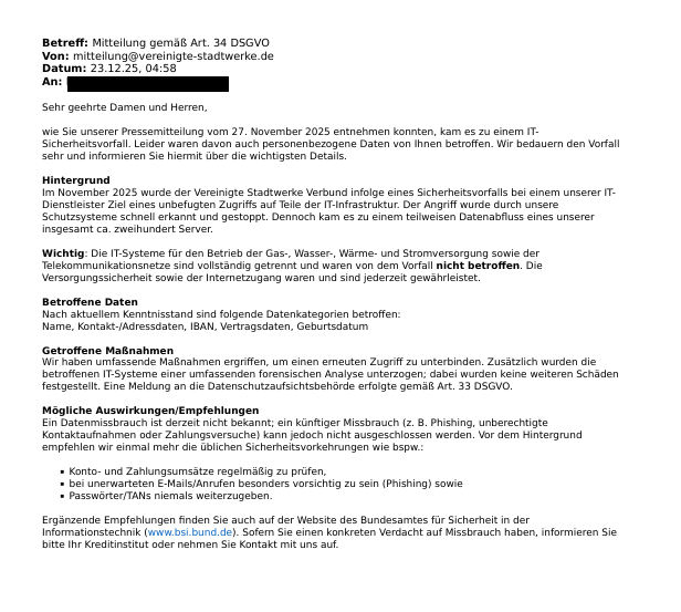 Cyberangriff auf Vereinigte Stadtwerke