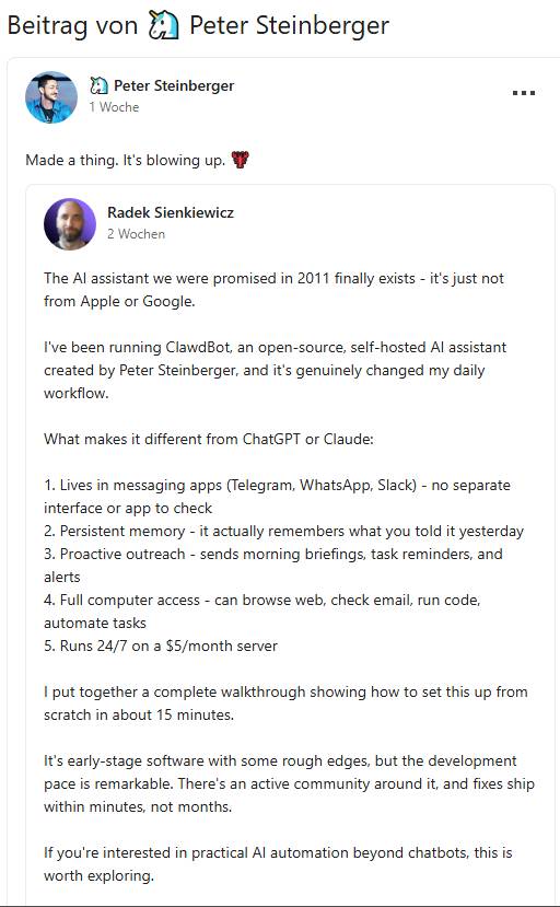 Steinberger Ankündigung zu ClawdBot