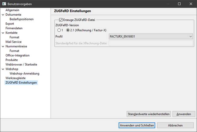 Fakturama ZUGFeRD-Einstellungen