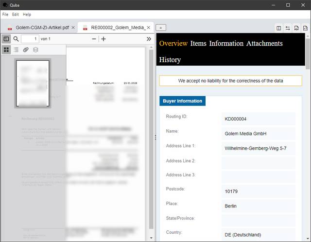 Quba-Viewer für ZUGFeRD-Rechnung Quba-Viewer für ZUGFeRD-Rechnung