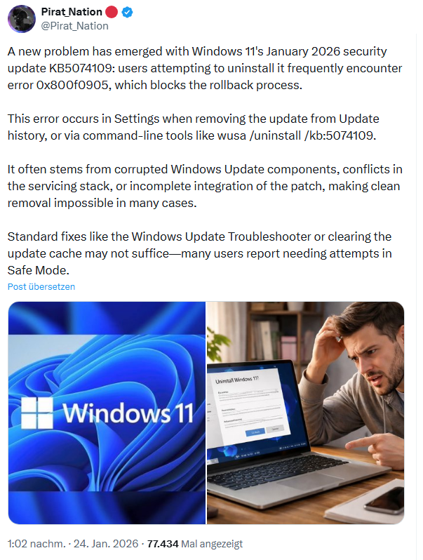 Windows 11 24H2/25H2 Update KB5074109 wirft Error 0x800f0905