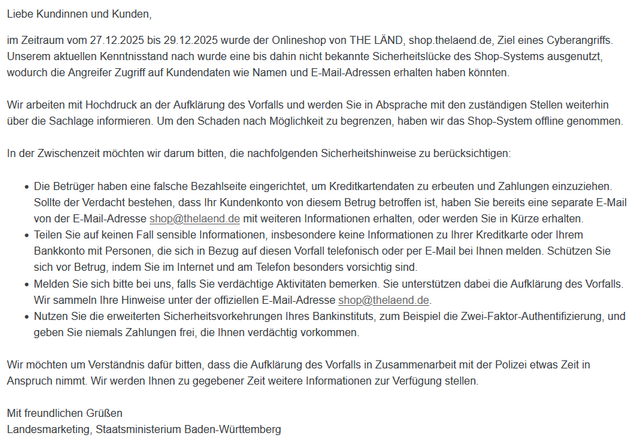 Cyberangriff auf THE LÄND Online-Shop