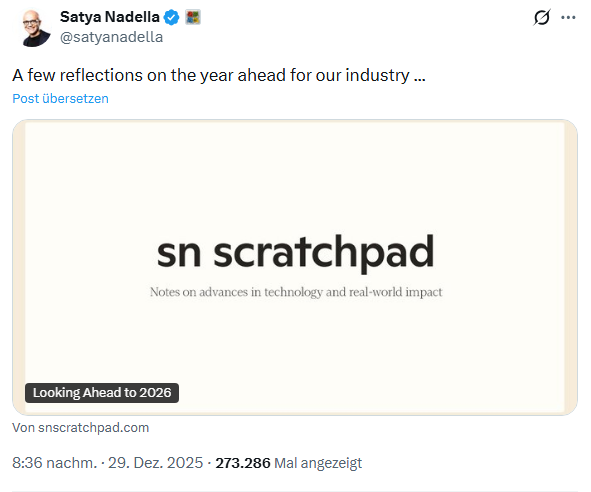 Satya Nadella: Blog-Post zu AI und Microsoft