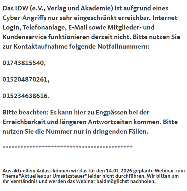 IDW-Mitteilung über Cyberangriff IDW-Mitteilung über Cyberangriff