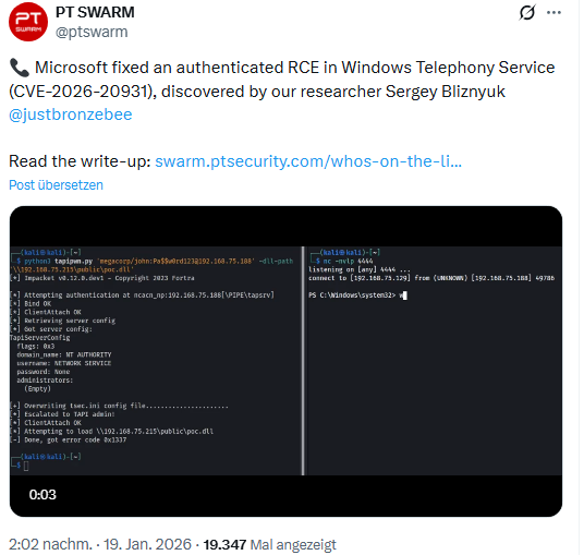 RCE CVE-2026-20931 im Windows Telephony Service