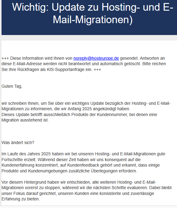 Host Europe stoppt MS 365 Migration