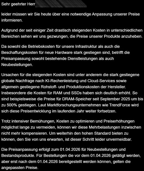 Preiserhöhung 2026 bei Hetzner