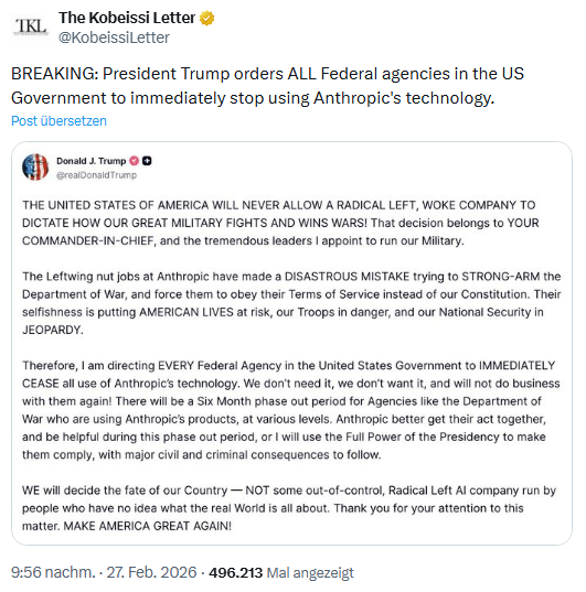 US-Präsident Trump verbannt Anthropic