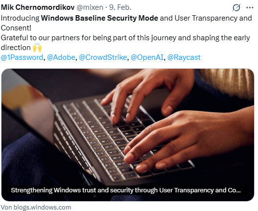 "Windows Baseline Security Mode" und "User Transparency and Consent"