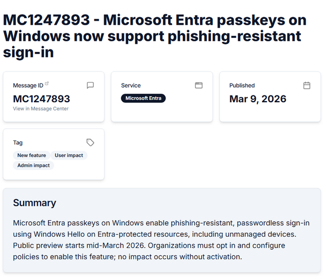 MC1247893 - Microsoft Entra passkeys on Windows now support phishing-resistant sign-in