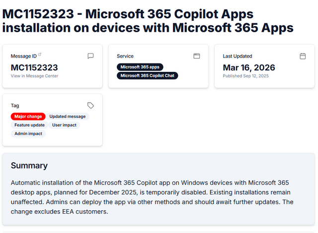 MC1152323 - Microsoft 365 Copilot Apps installation on devices with Microsoft 365 Apps 
