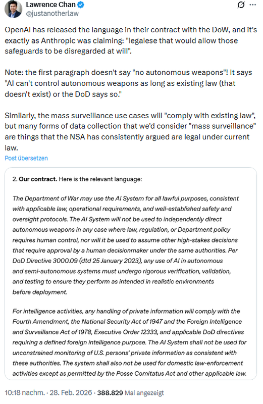 Einstufung des OpenAI-Agreements mit dem Pentagon