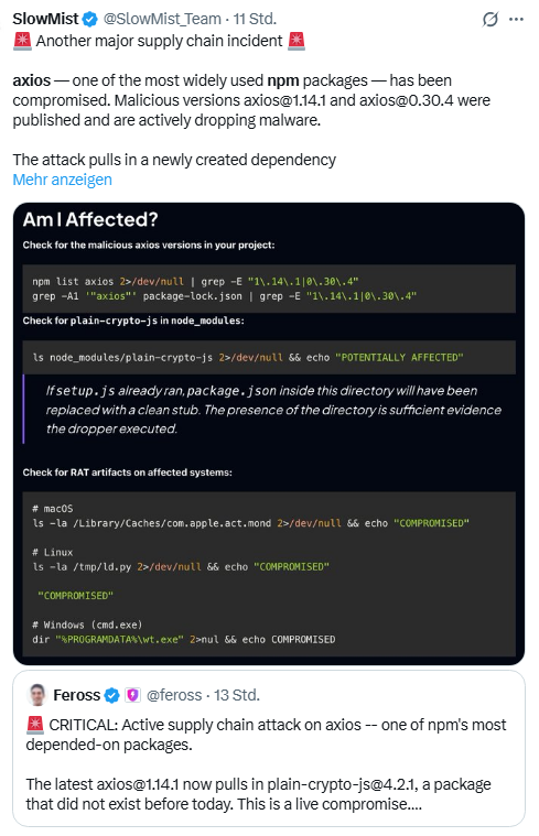 Axios npm kompromittiert