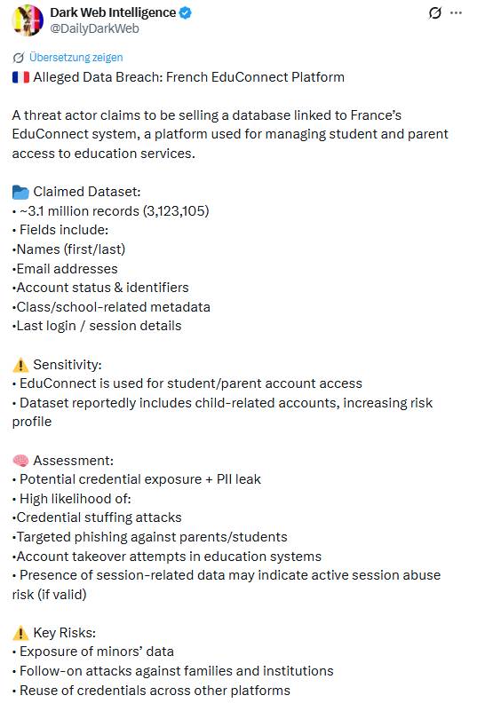 Datenleck Bildungsplattform in Frankreich