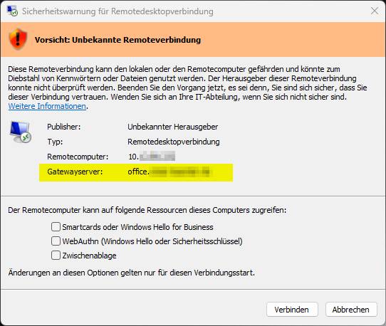 Windows RDP-Gateway Warnung