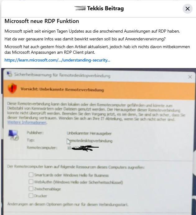 Verwirrung um Windows RDP-Warnung