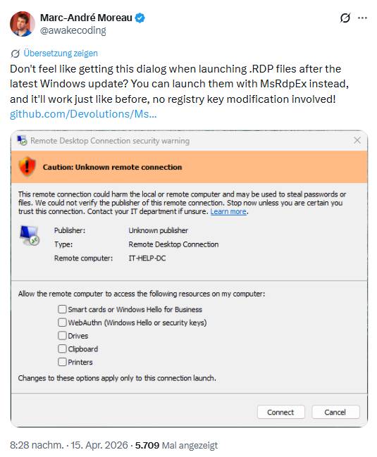 Windows RDP-Warnung unterdrücken