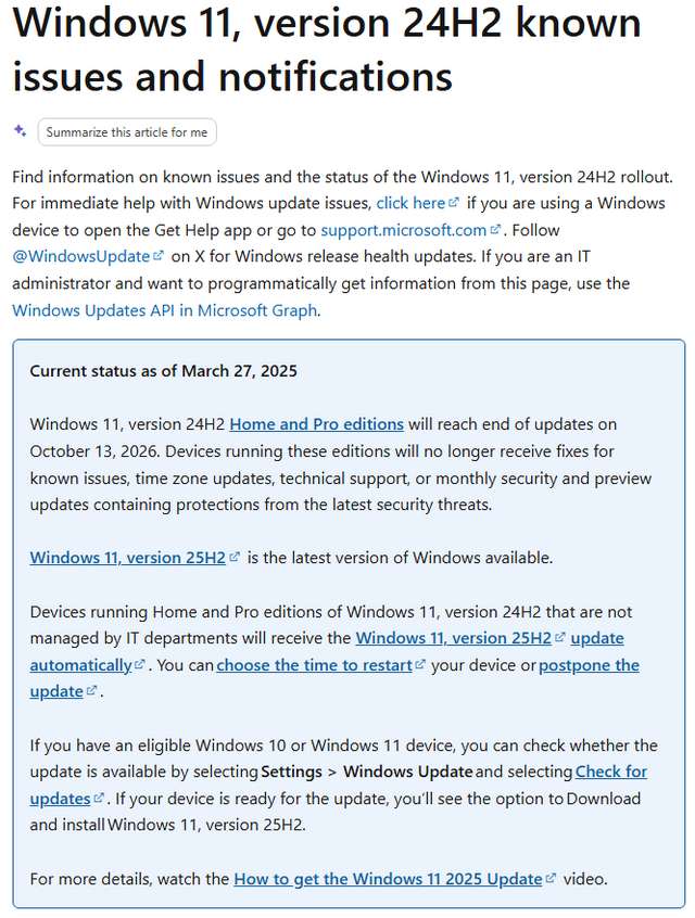 Windows 11 24H2 EOL-Ankündigung