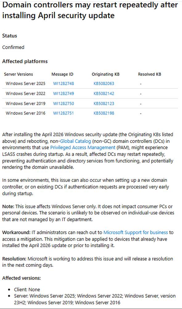 Windows Server DC issue April 2026