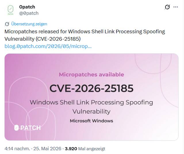 0patch Micropatch für CVE-2026-25185