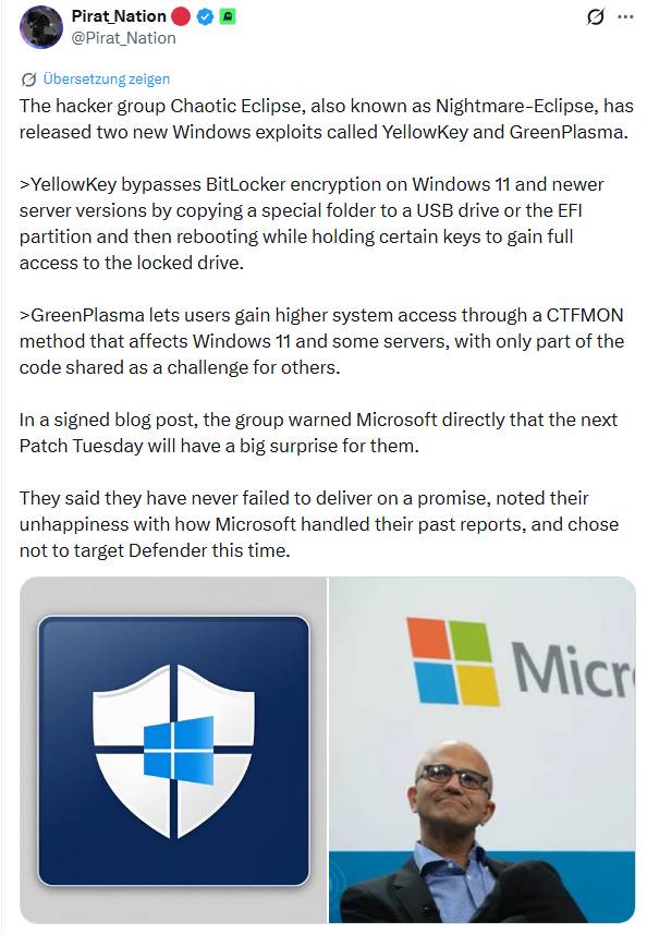 Chaotic Eclipse Windows 0-Days YellowKey und GreenPlasm