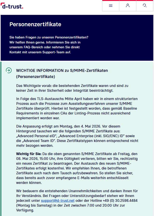 D-Trust Zertifikatswechsel