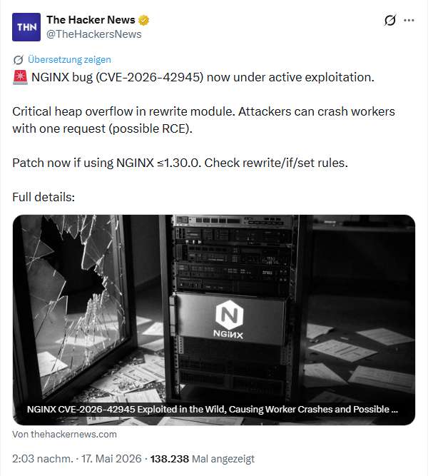 NGINX Schwachstelle wird angegriffen