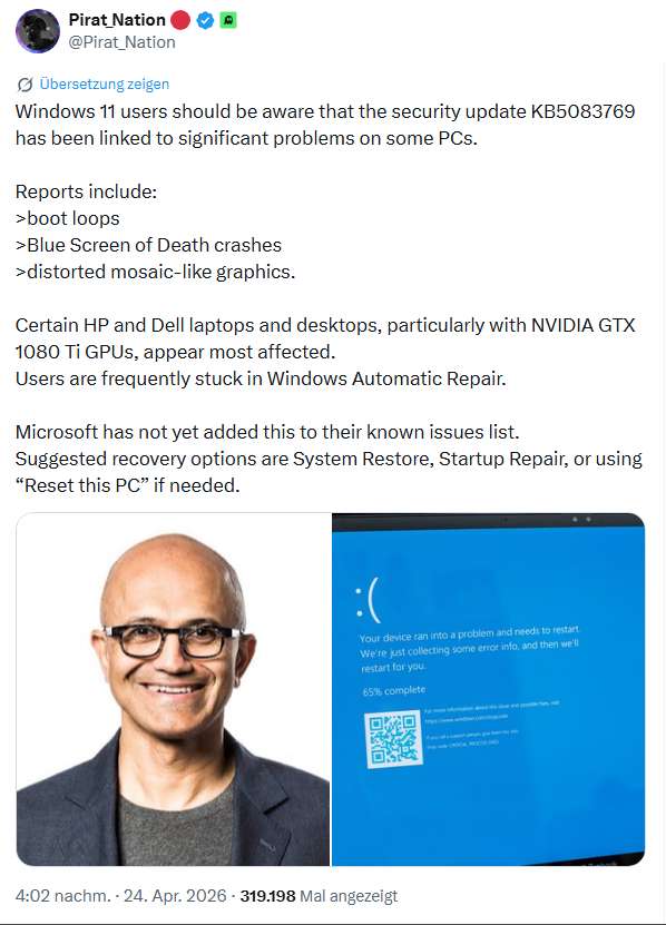 Windows 11 Probleme mit April 2026-Update