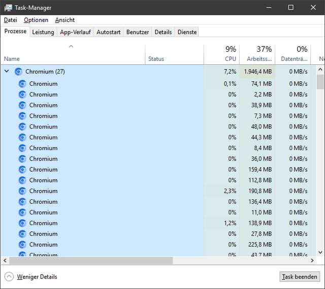 YouTube-Memory im Task-Manager