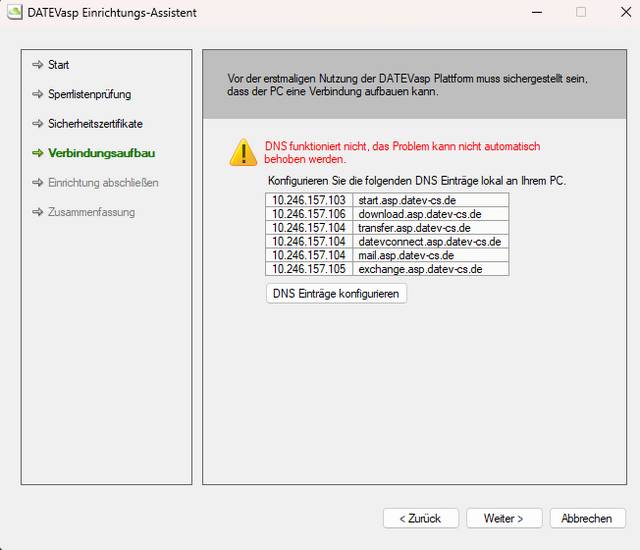 DATEV-Einrichtungsassistent DNS-Einträge