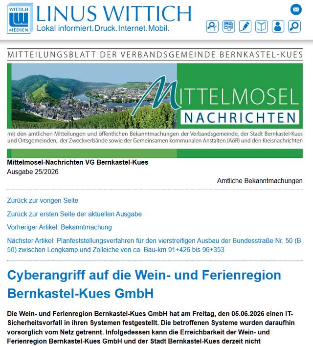 Wein- und Ferienregion Bernkastel-Kues GmbH Cyberangriff