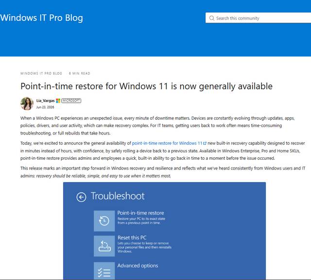 Windows 11 Point-in-time Restore