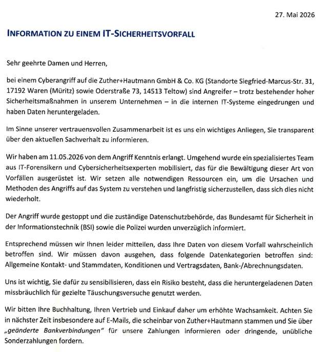 Cybervorfall bei Zuther+Hautmannn