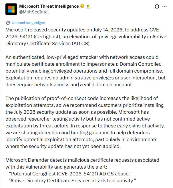 Microsoft Warnung vor Certighost AD-Schwachstelle