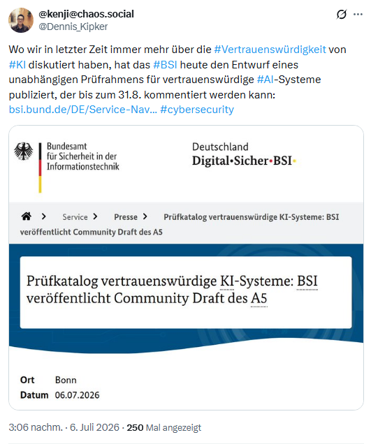 BSI Prüfkatalog vertrauenswürdige KI-Systeme (Draft)
