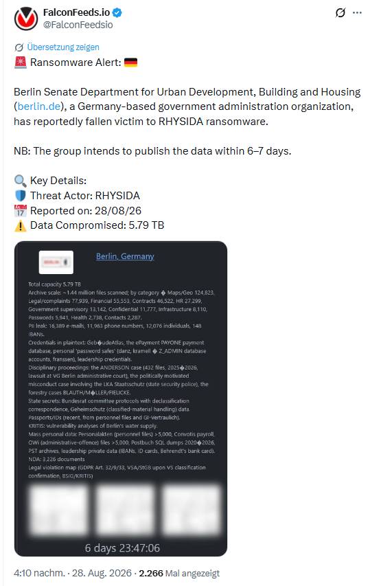 Cyberangriff durch Rhysida auf Berlin