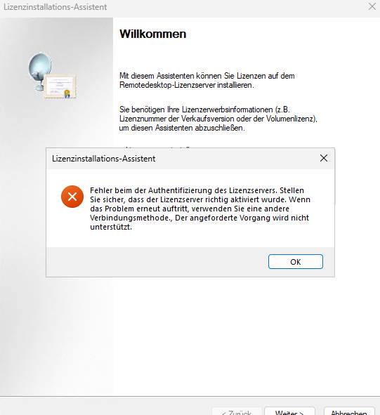 Fehlermeldung Lizenzinstallationsassistent