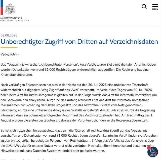 Transparenzregister Lichtenstein gehackt