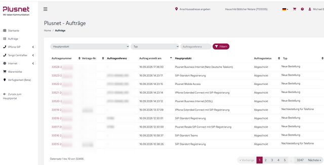 Plusnet-One-Portal Aufträge